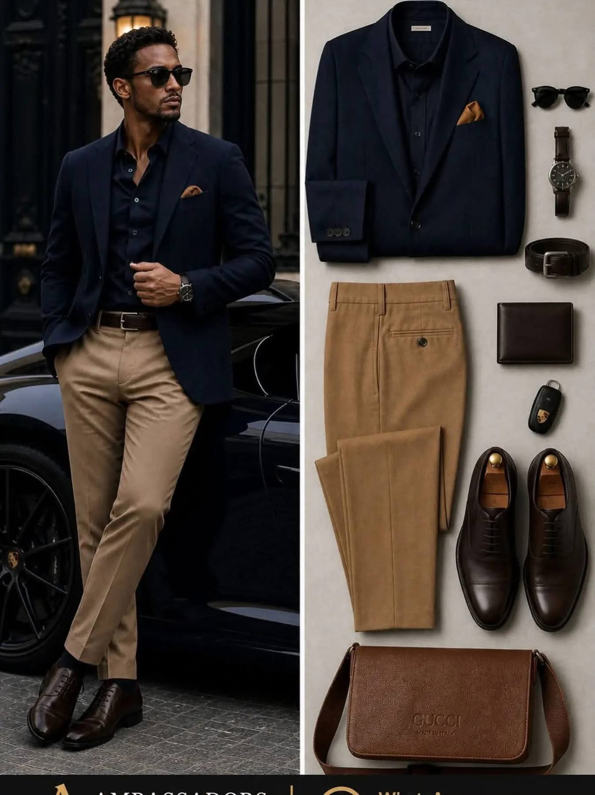 Ambassadors Suits navy blazer and tan trousers coordinated men's outfit