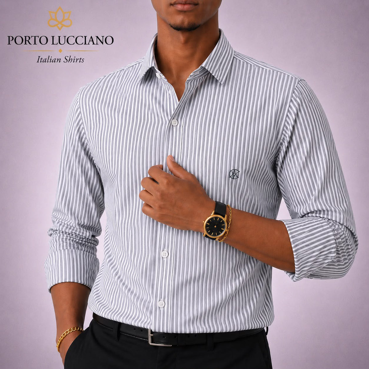 Porto Lucciano grey and white striped men's long sleeve shirt