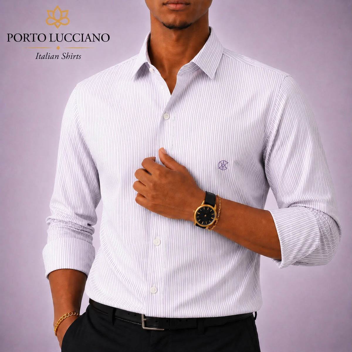 Porto Lucciano silver grey fine striped men's long sleeve shirt